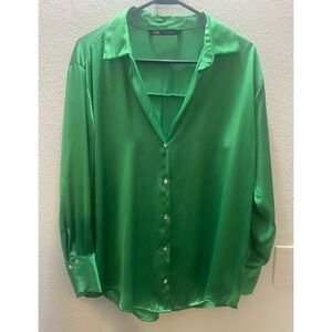 ZARA Satin Button Down Shirt Long Sleeve Emerald Green Women's Medium